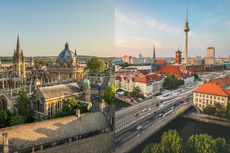 An image of Oxford on the left and an image of Berlin on the right