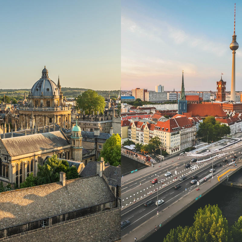 An image of Oxford on the left and an image of Berlin on the right